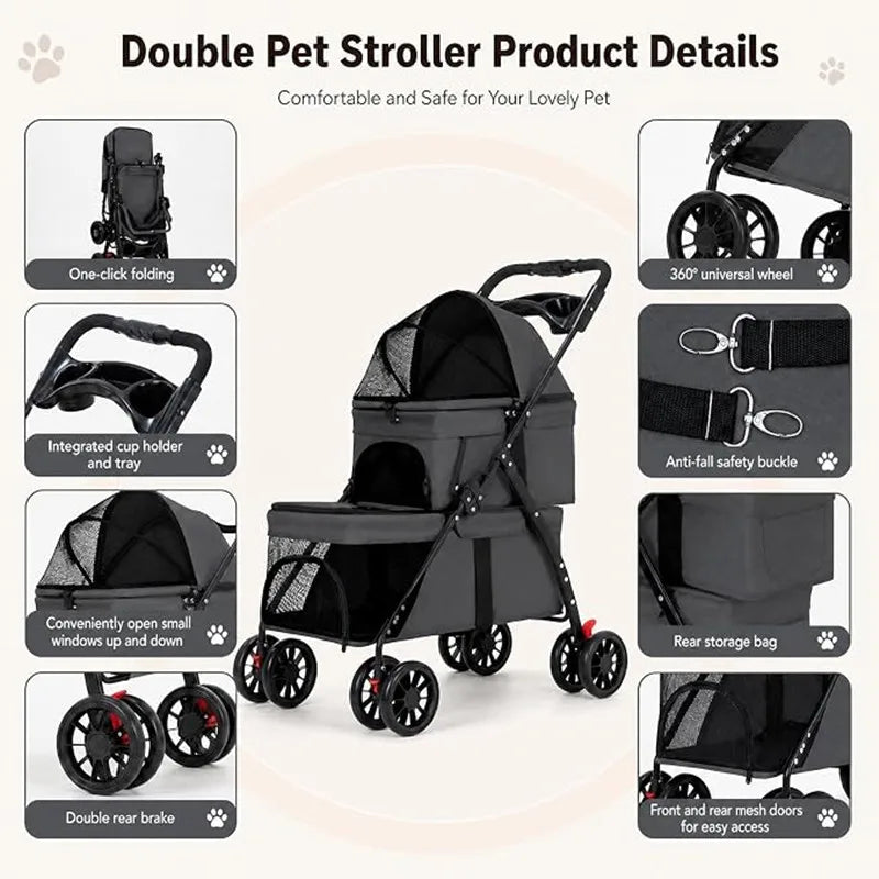 Double Pet Stroller for Dogs and Cats,Double Dog Stroller for 2 Small Medium Dogs,4 Lockable Wheels/Lightweight/Folding