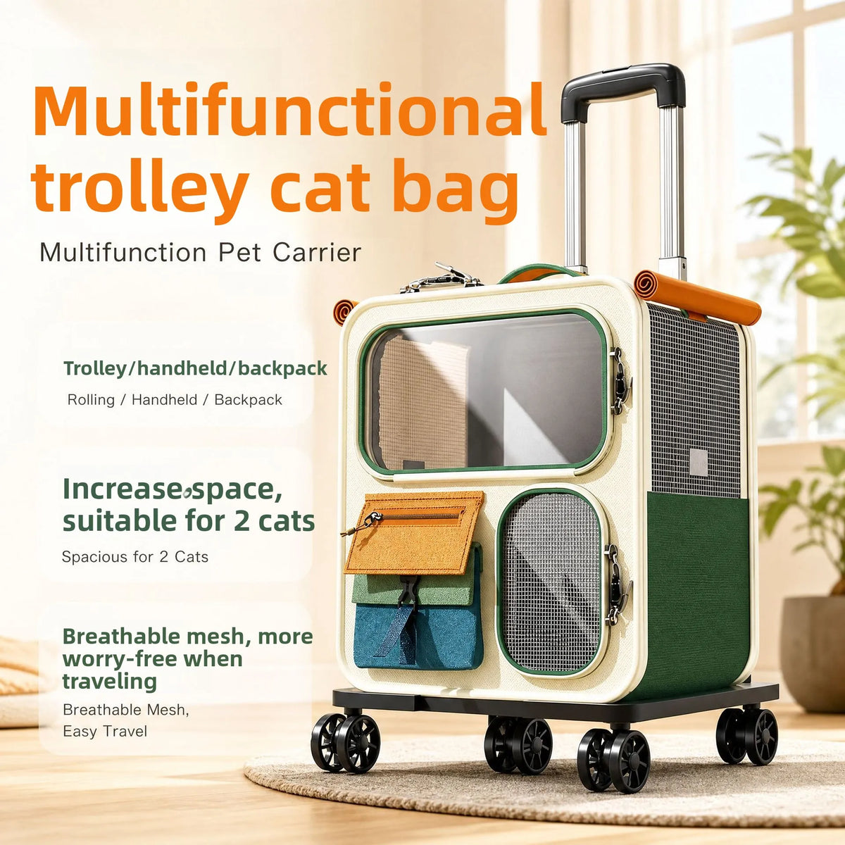 Large Capacity Cat Carrier Luggage Multi-Cat Portable Pet Travel Trolley Case Transparent Backpack with Wheels