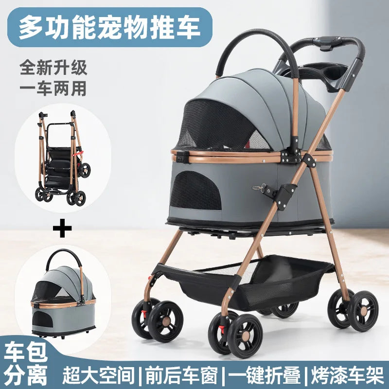 3 in 1 Folding Pet Stroller Detachable Carrier Easy Lock Canopy 30lbs for Medium Dogs Small Dogs Cats