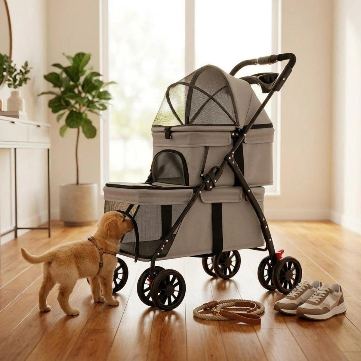 Double-Deck Pet Stroller Lightweight Small Dog Feline Stroller Pet Transport Breathable Mesh Washable for Outdoor, Travel